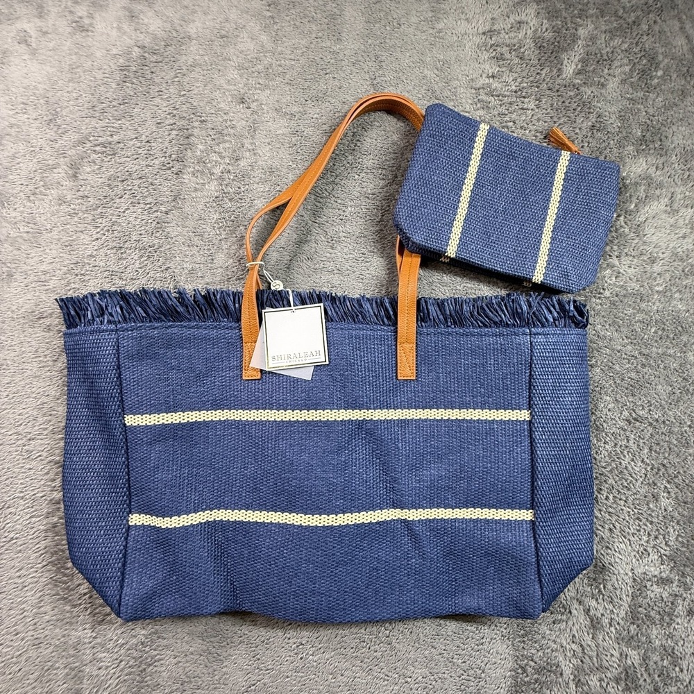 Shiraleah Chicago Navy Riva Tote Bag w/ Mini Pouch 100% Paper Striped NWT